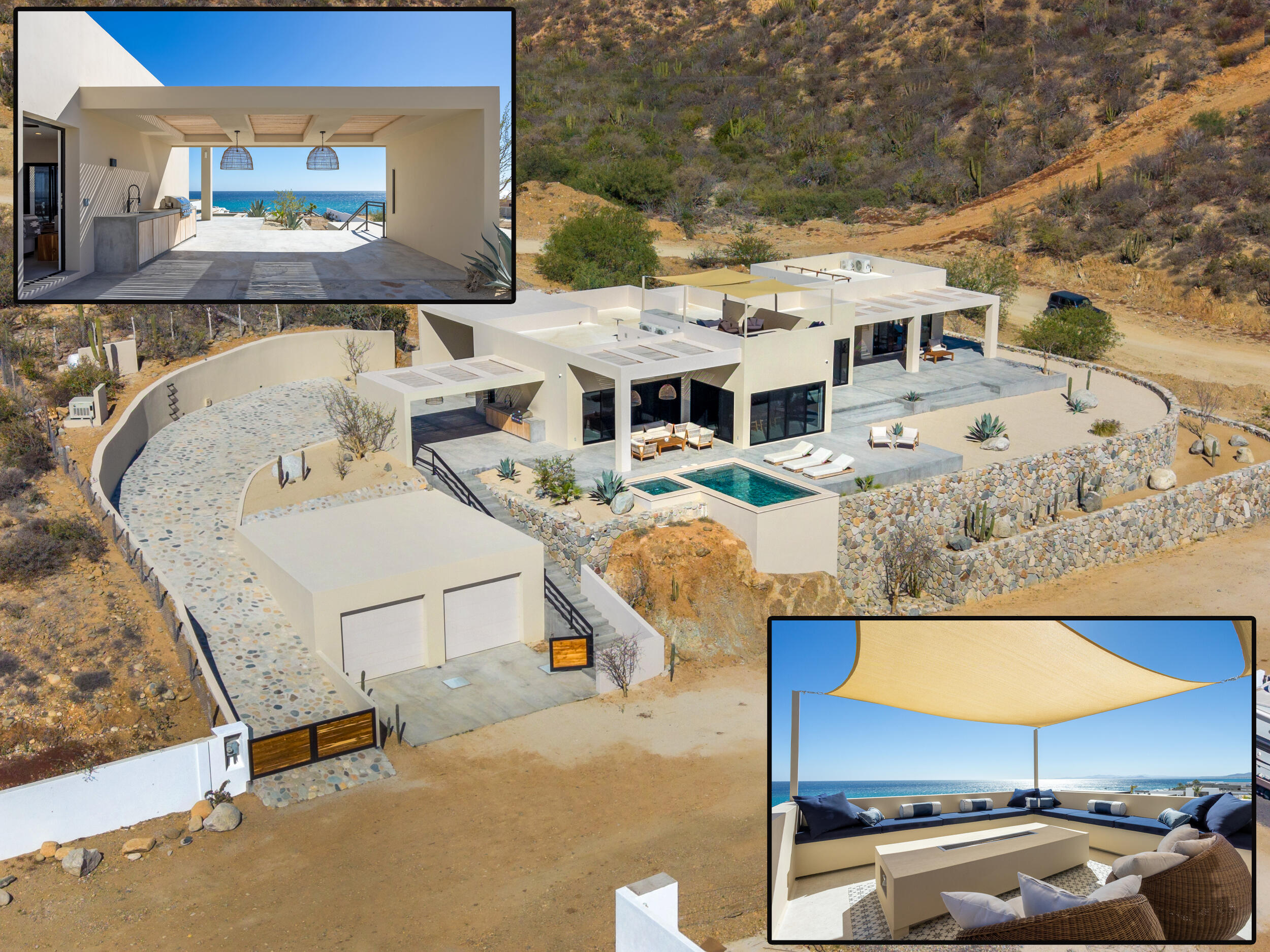 Cabo San Lucas Lomas Del Faro Casa en venta en Lomas del Faro Viejo, Los Cabos, con 225 m² de terreno y 130 m² de construcción distribuidos en dos niveles. La propiedad cuenta con amplia área de sala y comedor, cocina equipada con isla central y medio baño para visitas. En el exterior ofrece cochera para un vehículo, terraza, jardín y área de lavado de gran tamaño con pasto sintético.En planta baja se encuentran dos recámaras, cada una con clóset y baño completo privado, además de un espacio ideal para sala de televisión o área familiar. En la planta alta se ubica la recámara principal, que cuenta con clóset, baño completo, área de estudio y acceso a una terraza privada.La vivienda dispone de cisterna con capacidad de 10,000 litros y ofrece espacios amplios, funcionales y modernos. for sale