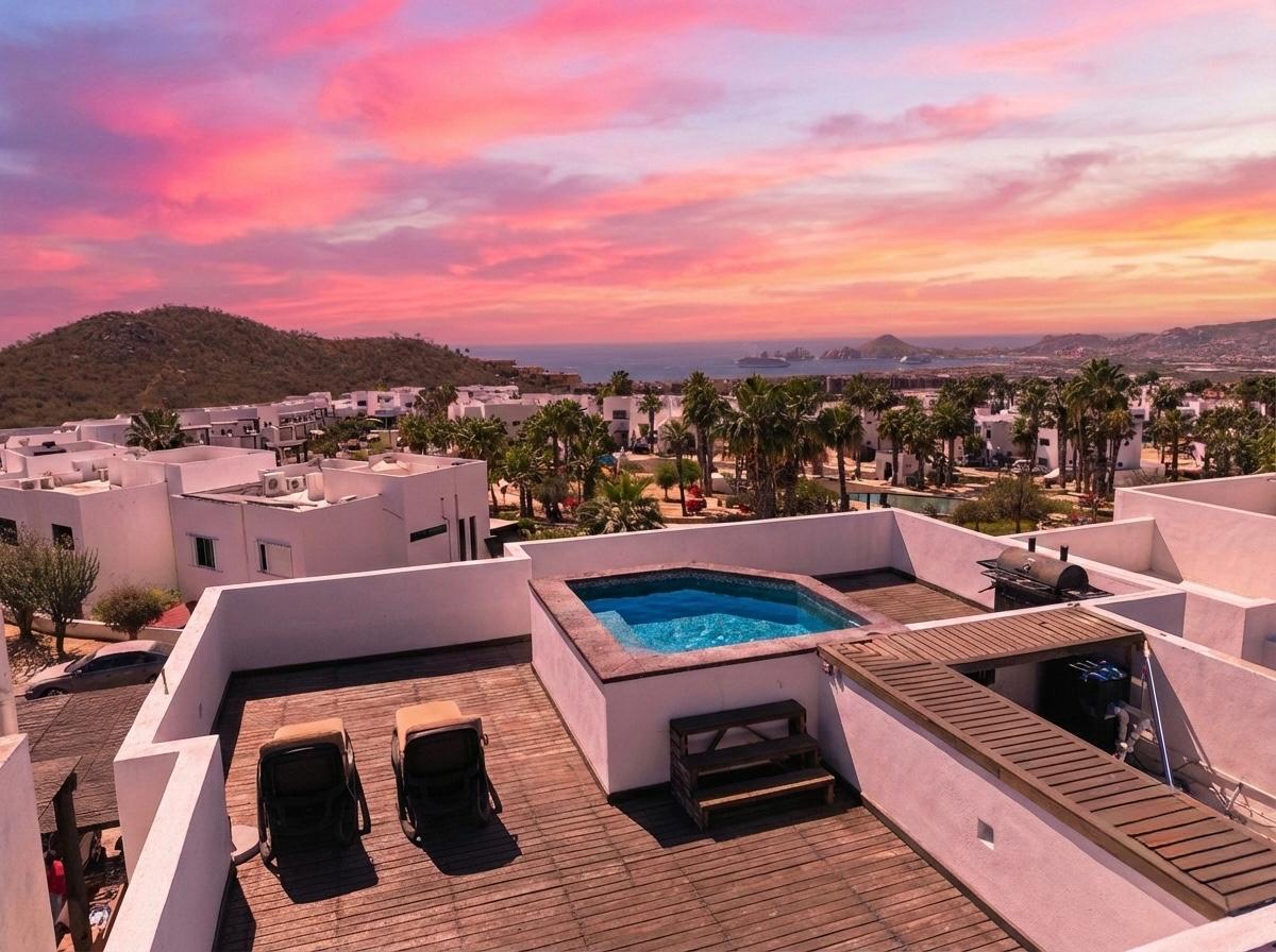 Cabo San Lucas Miramar Discover this stunning home located in the desirable Miramar area, thoughtfully designed to offer spacious living, comfort, and exceptional entertainment spaces.This beautiful two-story residence features 5 spacious bedrooms, 5 full bathrooms, and 1 half bathroom, with a modern layout that maximizes natural light and seamless indoor-outdoor living.The main level includes a fully equipped modern kitchen, open-concept living and dining areas, a convenient laundry room, and a two-car garage. Large windows and well-designed spaces create a bright and welcoming atmosphere throughout the home. The highlight of the property is its impressive rooftop entertainment area, perfect for hosting family and friends. It features a built-in BBQ grill, sink, two additional half bathrooms, a cozy fire pit, and a beautiful swimming pool, creating the ideal setting to enjoy outdoor living and breathtaking sunsets.Located in a peaceful and growing neighborhood, Miramar offers convenient access to schools, shopping centers, restaurants, beaches, and the main roads connecting all of Los Cabos. – Mar de los Sargazos, Cabo San Lucas, BS