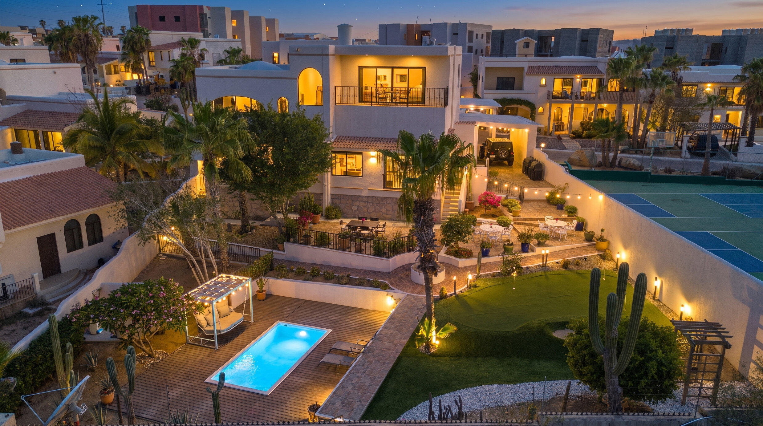 Cabo San Lucas Brisas Del Pacifico E A Golfers Dream Home. This beautiful 3-bedroom, 3.5-bath Cabo Hills residence offers a spacious and inviting retreat with classic Baja charm, lush landscaping, and wonderful outdoor living areas designed for relaxing and entertaining. The home features a welcoming entry, bright interior spaces with high ceilings, warm architectural details, and multiple patios that open to the serene garden setting. The backyard is the highlight, complete with a private pool, sun deck, lounge areas, shaded seating, fire pit, mature palms, colorful bougainvillea, desert landscaping, and a private putting green for enjoying Cabo's – 16, Hacienda de Cortes, Cabo San Lucas, Cabo San Lucas, BS